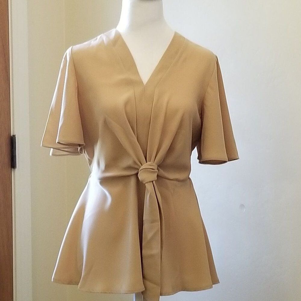 Grace Karin Beige Peplum Top - Tie-Front V-Neck Blouse - Tan Short Sleeve S